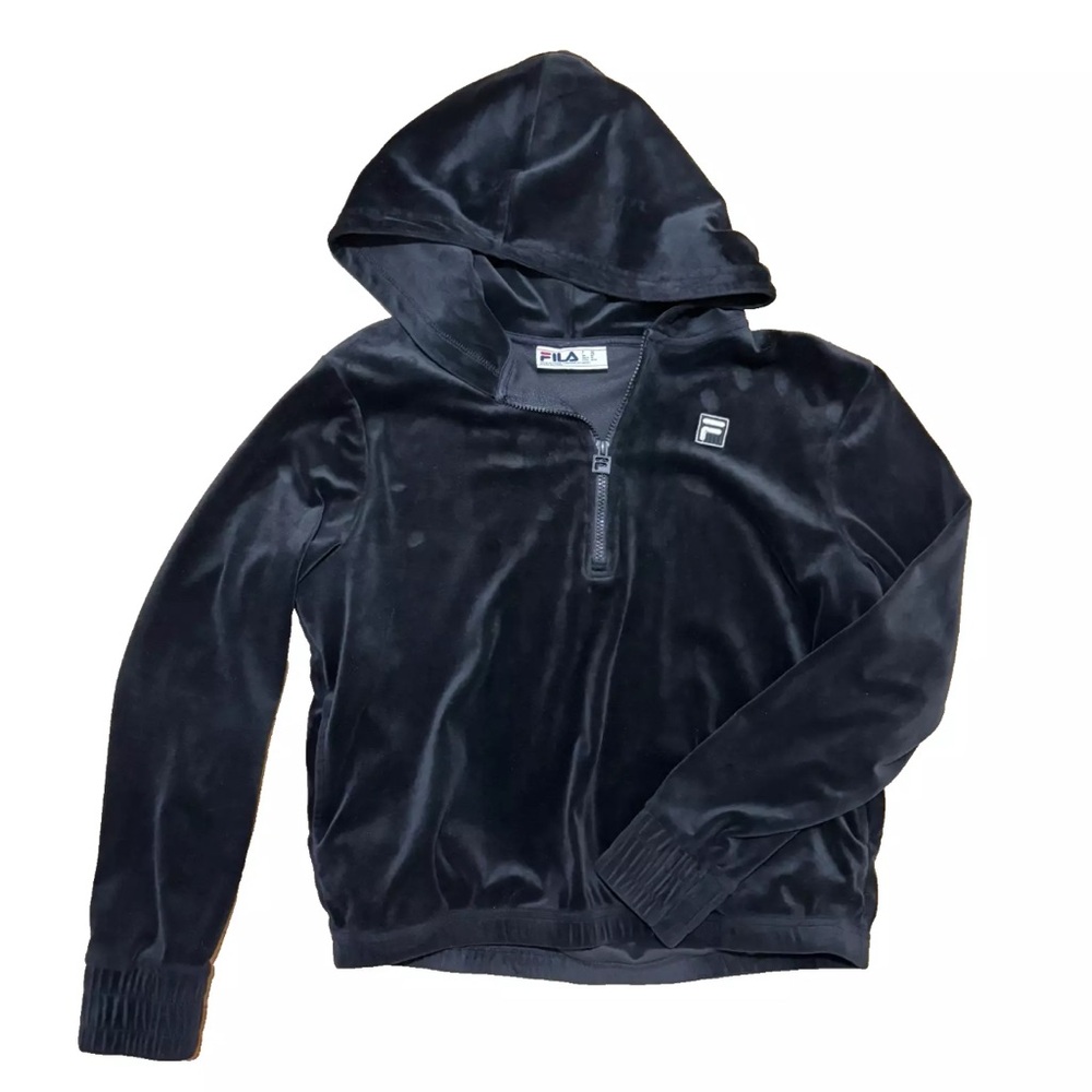 FILA Black Velour Velvet 1/4 Zip Long Sleeve Pullover Hoodie Black Women's Sz M